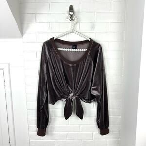 Nude Mocha Brown Velvet Tie Front Oversized Long Sleeve Crop Top Size S